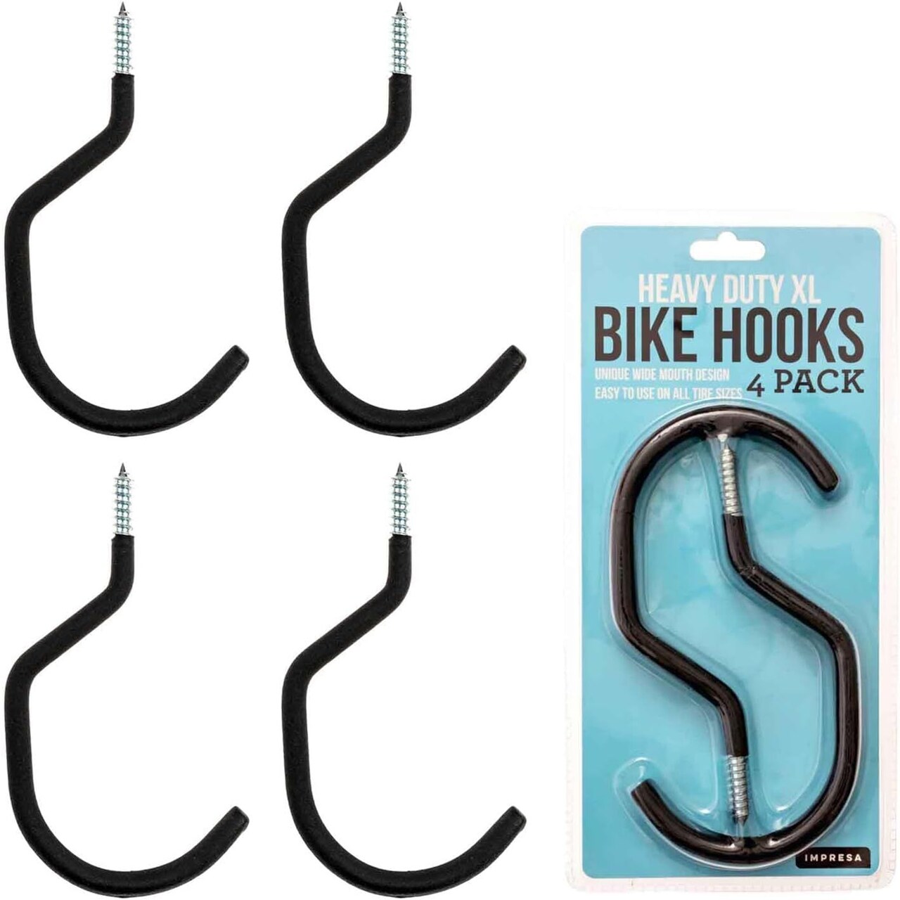 IMPRESA 4-Pack Bike Hooks for Garage Ceiling - 100 Lbs Capacity,7 x 4 in - Galvanized Steel & Non-Marring Finish Heavy Duty Hook - Wall Mount for Ceiling Bike Hangers - Universal Fit Bike Wall Mount